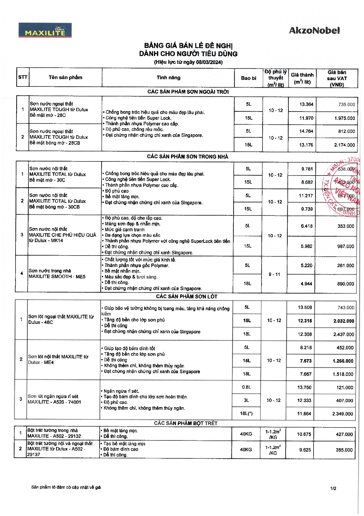 BẢNG GIÁ SƠN MAXILITE 2024 MỚI NHẤT