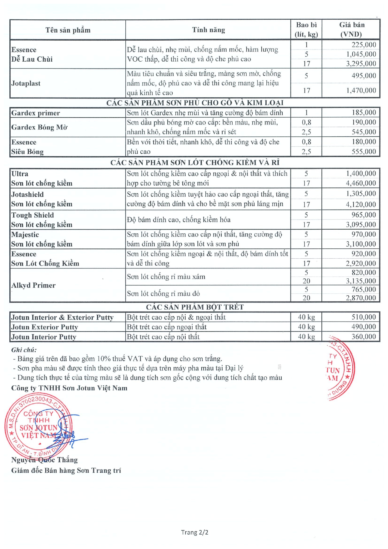 BẢNG GIÁ SƠN DẦU JOTUN 2024