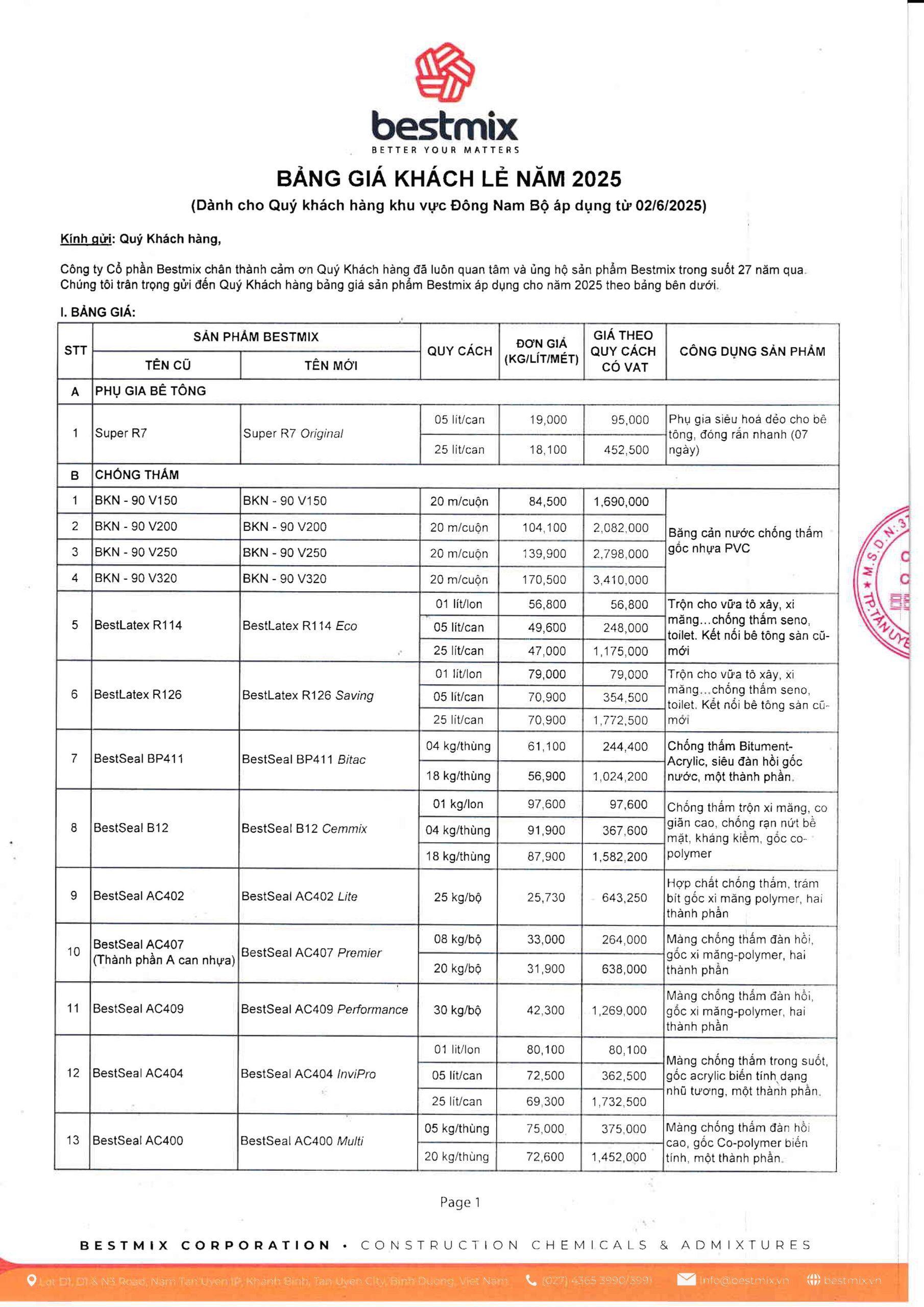 BẢNG GIÁ CHỐNG THẤM BESTMIX 2025
