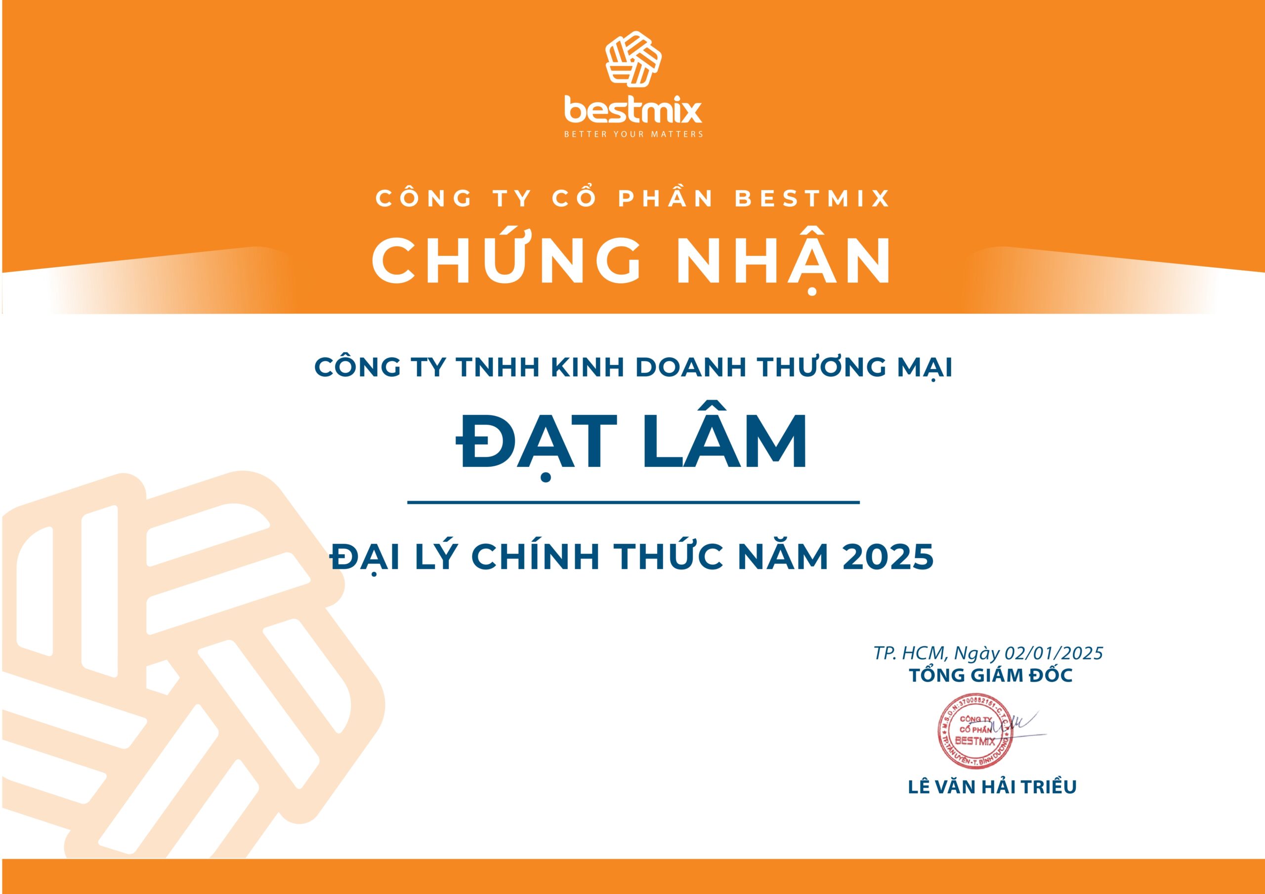 CHỨNG NHẬN PHÂN PHỐI CHỐNG THẤM BESTMIX 2025 CHÍNH HÃNG