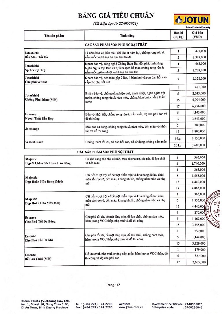 BẢNG GIÁ SƠN JOTUN MỚI NHẤT 2021 - Đạt Lâm